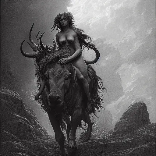 Image similar to a masterpiece! photographic portrait of a scarlet - colored!! beast!! with seven heads!! and ten horns!! by gustave dore and sam spratt and allen williams, trending on artstation, cgsociety, 8 k hd, earthtone colors, a cloaked woman riding the back of the beast