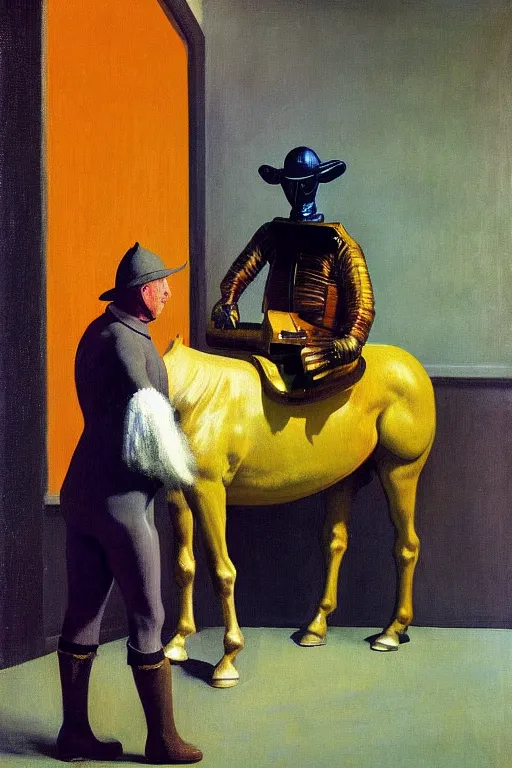Prompt: man in horse costume, horse in costume astronaut, hauntingly surreal, highly detailed painting by francis bacon, edward hopper, adrian ghenie, gerhard richter, and james jean soft light 4 k,