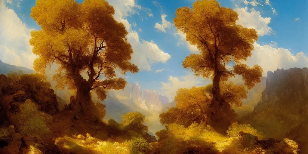 Prompt: lone oak tree growing in grand cayon, thomas moran, oil painting, beautiful composition, masterpiece