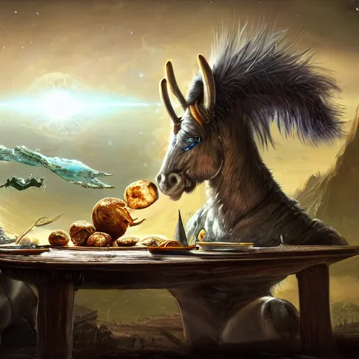 Image similar to zoom out, ultrarealistic, ultradetailed, war donkey eating breakfast, sitting on a futuristic table with aliens, at the end of the universe, very very very ultradetailed, epic fantasy style art, fantasy epic digital art, epic fantasy art, hearthstone style art, pathfinder, dungeons and dragons, floral, planets, stars, galaxies, highlights, organic, concept art