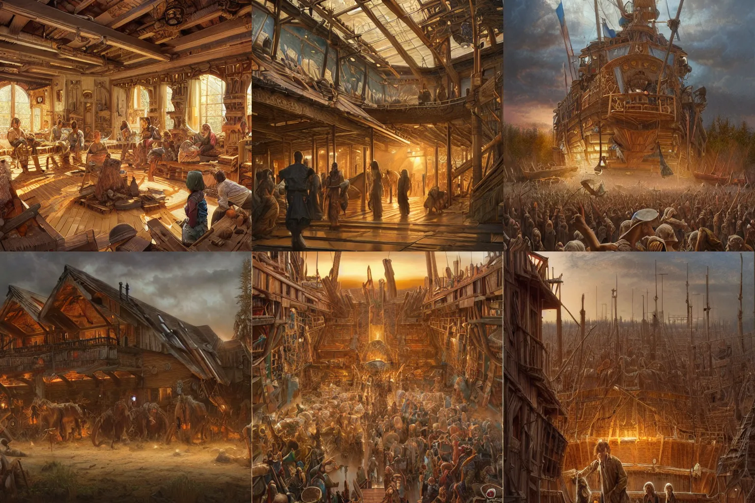 Prompt: last people on earth build a huge wooden ark, artstation, concept art, soft light, hdri, smooth, sharp focus, illustration, fantasy, intricate, elegant, highly detailed, D&D, matte painting, in the style of donato giancola, Joseph Christian Leyendecker, 8k, highly detailed, W768