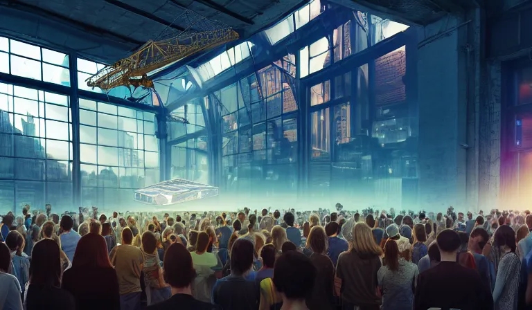 Image similar to crowd of people in simple windowed warehouse, looking at hologram of futuristic city on a table, cinematic concept art, godrays, golden hour, natural sunlight, 4 k, clear details, tabletop model buildings, center model buildings, hologram center, crane shot, crane shot, crane shot