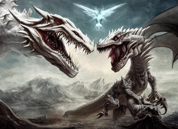 Image similar to a white dragon fighting a tyrannosaurus rex, intricately detailed, concept art