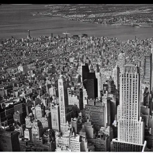 Image similar to Photo of New York City in the year 1950, black and white, photorealistic,