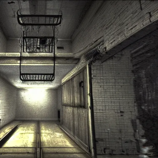 Prompt: An aerial lift. Dreamcast survival horror game screenshot. dark and scary atmosphere.