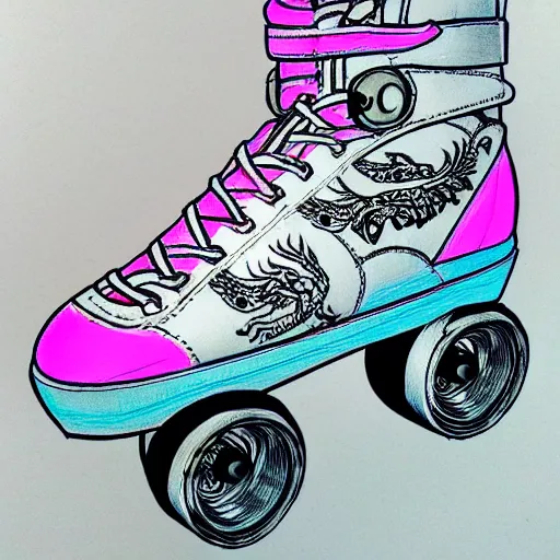 Image similar to a drawing of a pair of white retro! roller skates with dragon embroidery and cyan wheels on a pedestal!! in an empty white room, trending on artstation, carpenter brut, synthwave, pink lightning, neon!! light