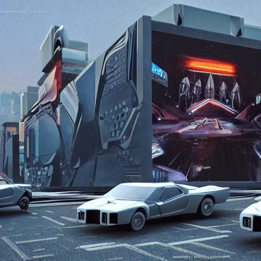 Image similar to sci-fi cars trucks motorcycles 50% of canvas in center and wall near structure on the coronation of napoleon painting and digital billboard in the middle and everything in style of zaha hadid and suprematism forms unreal engine 5 keyshot octane artstation trending bladerunner 2049 colors lighting ultra high detail ultra photo realistic 8k 16k in plastic dark tilt shift