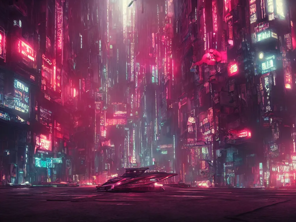 Prompt: cyberpunk lovecraft vibe in blade runner with hiromasa ogura set design, epic exterior streetscape with flying cars, high octane, stunning cinematic lighting, dark mood, abstract wet misty drizzling atmosphere, cthulhu, neon light bloom, light leaks 4 k unreal engine render lens flare