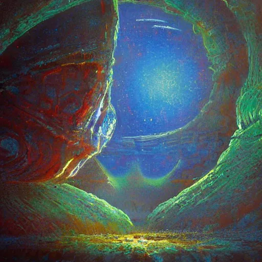 Prompt: a detailed painting of a mysterious crystal alien landscape, 7 0 s science fiction art, beautiful