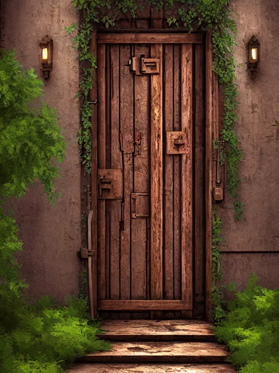 Image similar to professional digital art detailed old wood and rusted castle door entrance flowers with path outside cgsociety behance by Evgeny Lushpin