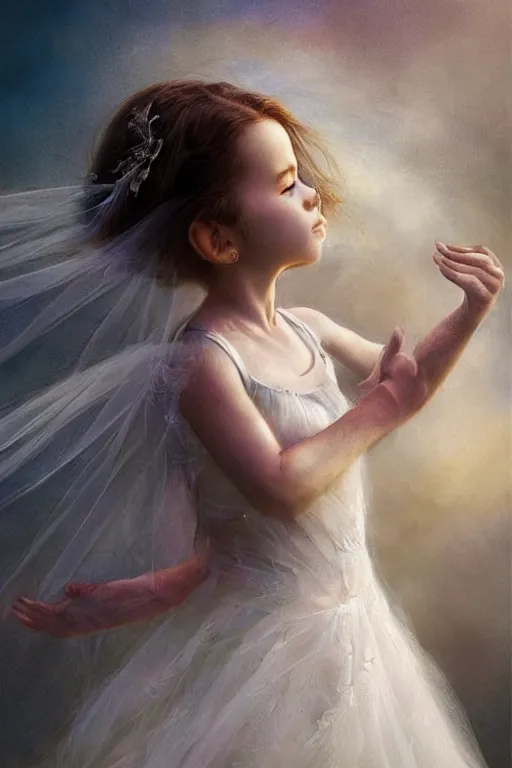 Prompt: very beautiful little girl dancing in the wind, beautiful face, ethereal, bride, beautiful wedding dress, gorgeous, volumetric lighting, elegant, fluid, ultradetailed, digital painting, concept art, illustration, limited color palette, atmosphere and tension, art by greg olsen and liz lemon swindle