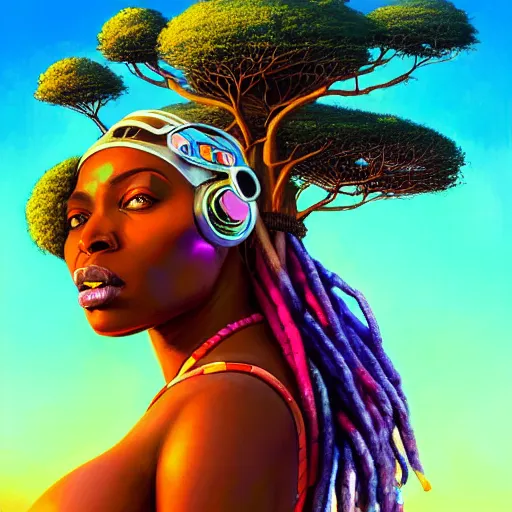 Prompt: a voluptuous african cyberpunk woman with colorful dreadlocks sitting on a cliff overlooking a field of colorful flowers with a giant glowing baobab tree in the middle, it is sunset, by greg rutkowski and android jones and Alena Aenami in a surreal cyberpunk! style, oil on canvas, highly detailed face, 8k hd,