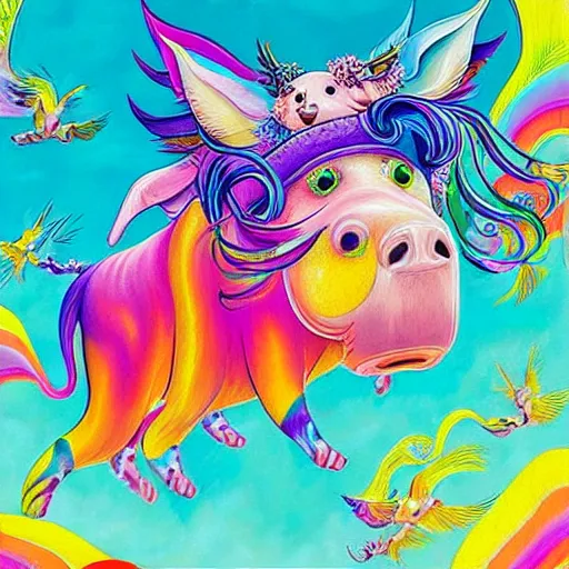 Image similar to lisa frank flying pigs painting by android jones