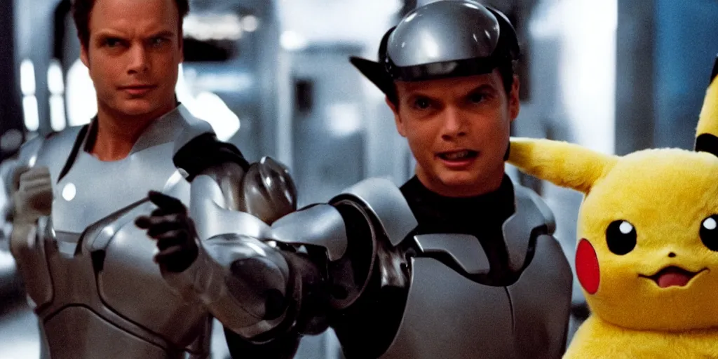 Image similar to a still of pikachu in RoboCop