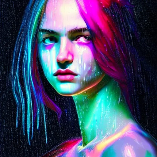 Image similar to bright asthetic portrait LSD glowing backlit rain on face and wet hair in strands, overhead lighting, fantasy, intricate, elegant, dramatic lighting, highly detailed, lifelike, photorealistic, digital painting, artstation, illustration, concept art, smooth, sharp focus, art by John Collier and Albert Aublet and Krenz Cushart and Artem Demura and Alphonse Mucha