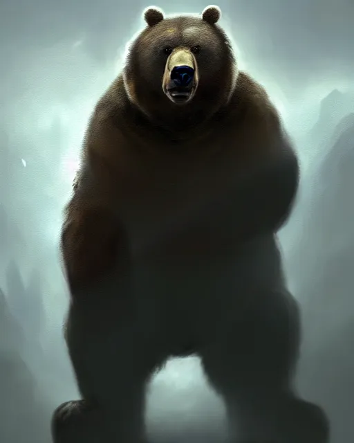 Prompt: Giant Bear scared of mouse, medium shot, D&D, artstation, fantasy, magic the gathering artwork, cinematic lighting, centered, symmetrical, highly detailed, digital painting, , concept art, smooth, sharp focus, illustration, volumetric lighting, epic Composition, 8k, art by Akihiko Yoshida and Greg Rutkowski and Craig Mullins, oil painting, cgsociety