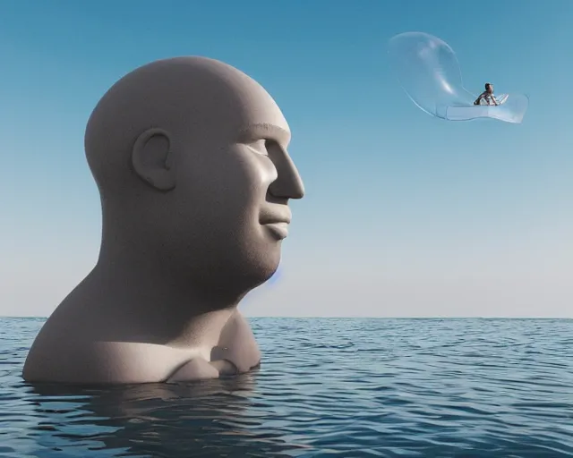 Image similar to a giant sculpture made out of inflatable pool toys in a human head shape, on the surface of the ocean, in the style of chad knight, long shot, hyper detailed, hyper realistic, ray tracing, 8 k resolution, sharp focus, realistic water, award winning sculpture