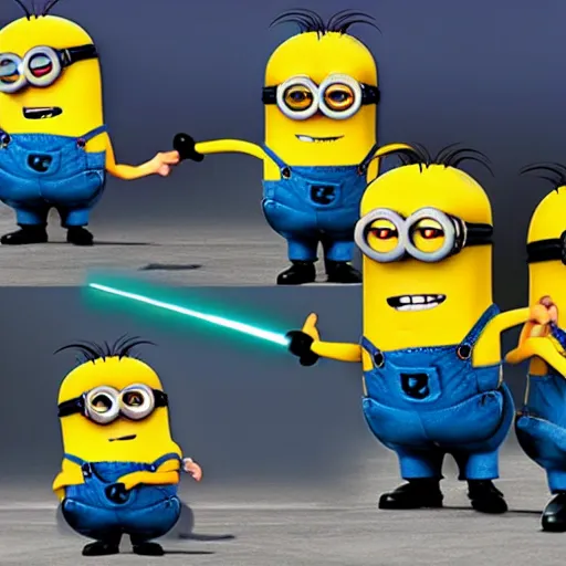 Image similar to the minions having a lightsaber duel with the minions,