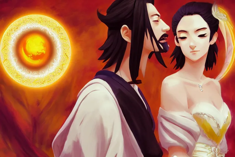 Image similar to a cinematic portrait of wedding photograph jpeg close up moment of a divine a japan sun god and moon goddess lovers magician at a wedding banquet. portraiture. digital painting. artstation. concept art. wedding photo. digital painting. naruto the movie art masterpiece by art by krenz cushart