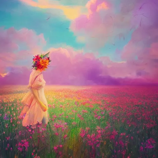 Image similar to girl with a flower head, surreal photography, dream, standing in flower field, magical, in a valley, sunrise dramatic light, impressionist painting, colorful clouds, artstation, simon stalenhag