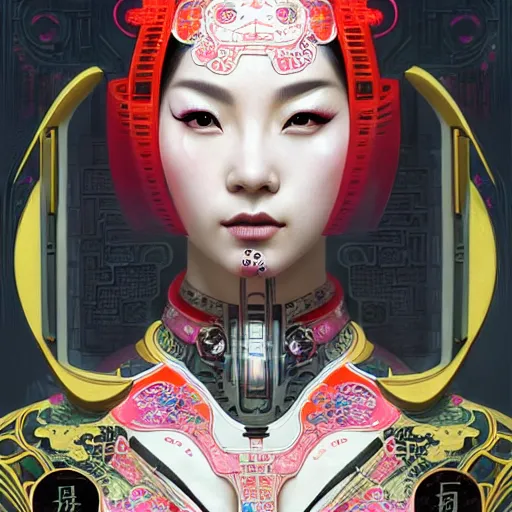 Image similar to a portrait of a female cyberpunk machine, machine face, upper half portrait, decorated with chinese opera motifs, asian, fine china, wuxia, traditional chinese art, intricate, elegant, highly detailed, symmetry, headpiece, digital painting, artstation concept art smooth sharp focus, illustration, art by artgerm and greg rutkowski alphonse mucha 8 k