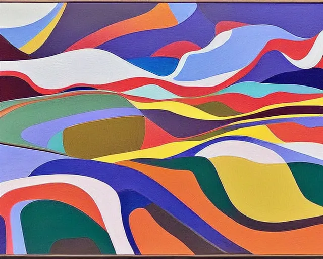 Image similar to A wild, insane, modernist landscape painting. Wild energy patterns rippling in all directions. Curves, organic, zig-zags. Saturated color. Mountains. Clouds. Rushing water. Wayne Thiebaud. Lisa Yuskavage landscape.