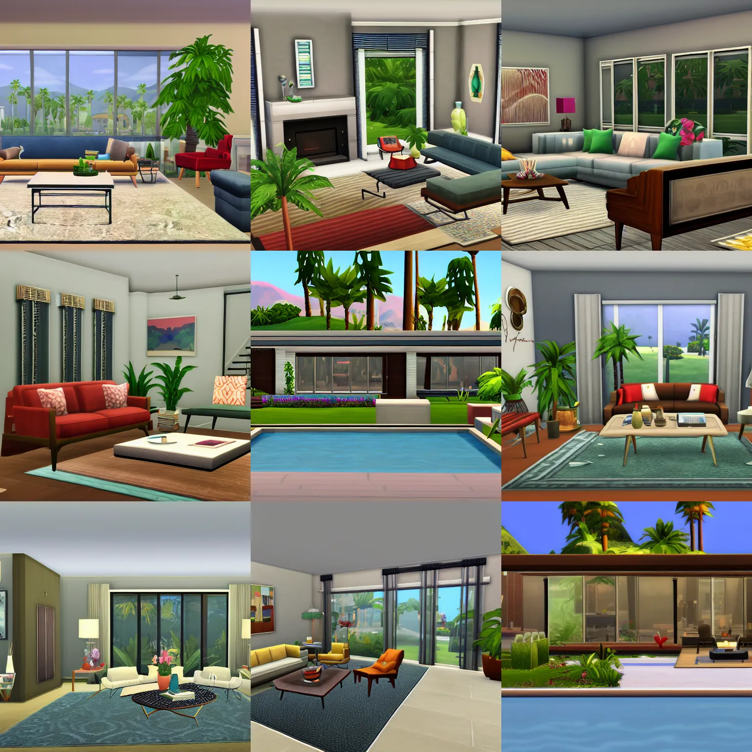 Prompt: midcentury modern living room palm springs in the sims 4