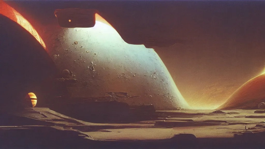 Image similar to otherworldly atmosphere of the first spaceship on venus by arthur haas and bruce pennington and john schoenherr, cinematic matte painting