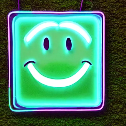 Image similar to a pastel colour Polaroid photo of large smiley face cut out of transparent neon iridescent perspex stood in a field, nostalgic