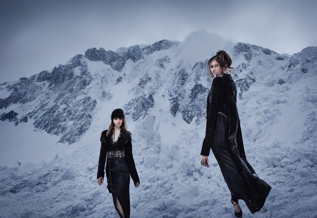 Prompt: fashion editorial in snow avalanche. gigantic snow storm mountain. wide angle shot. highly detailed. depth of field. high definition. 8k. photography.