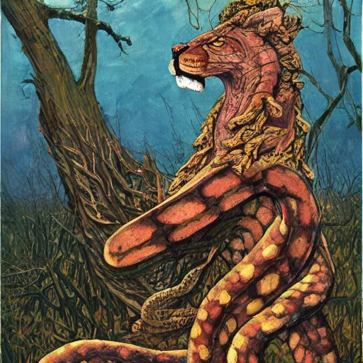 Image similar to demiurge snake snake camouflaged as a lion costume furry ears neck neck mane tall long viper national geographic tombow peter doig greg rutkowski lucian freud arsen savadov dan witz vik muniz