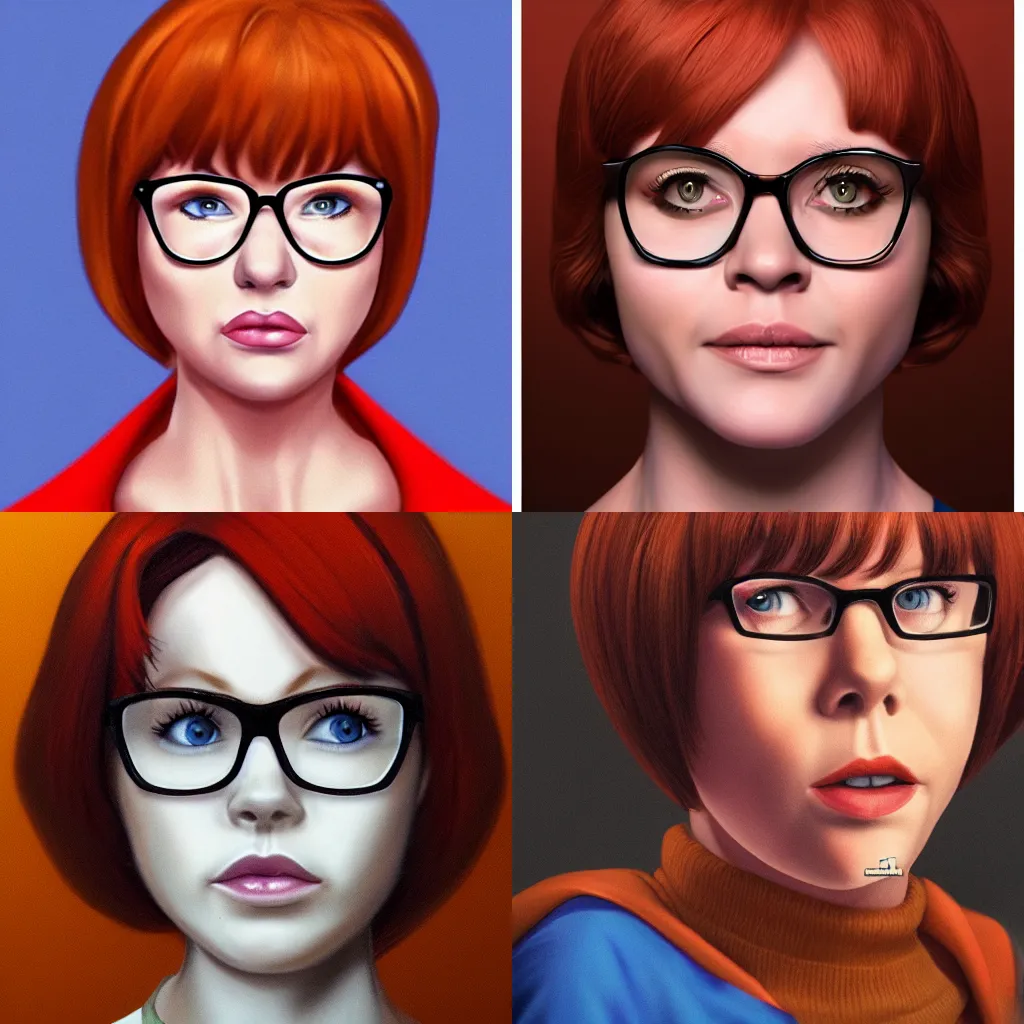 Prompt: A portrait of velma from scooby doo, face in focus, highly detailed, trending on ArtStation, realistic
