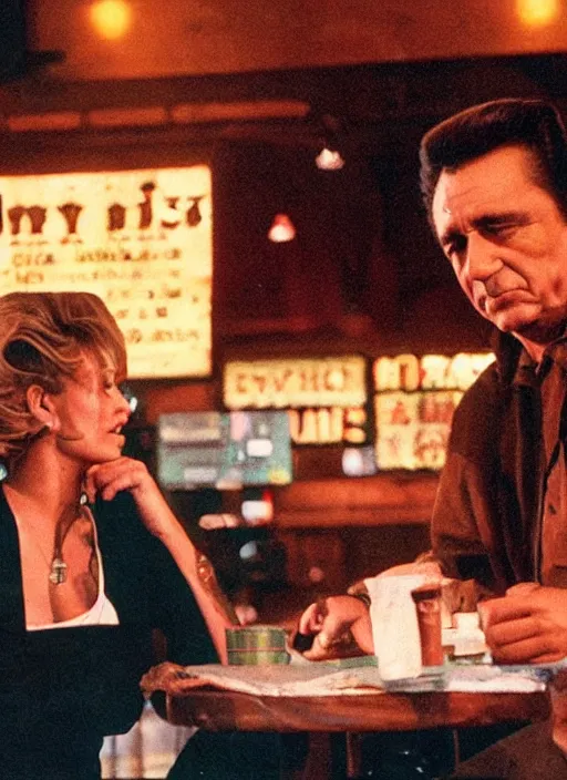 Prompt: a close - up, color cinema film still of a johnny cash talking to a beautiful waitress at hooters, ambient lighting at night.