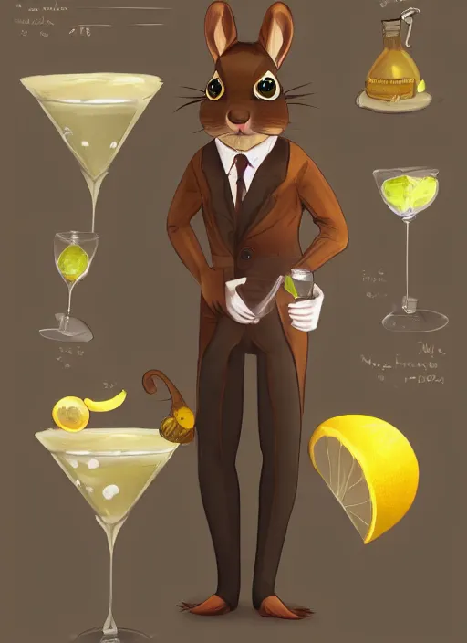 Prompt: squirrel anthro as a dapper bartender with a big fluffy tail, detailed painterly art style, 🐿🍸🍋, furaffinity, trending on artstation