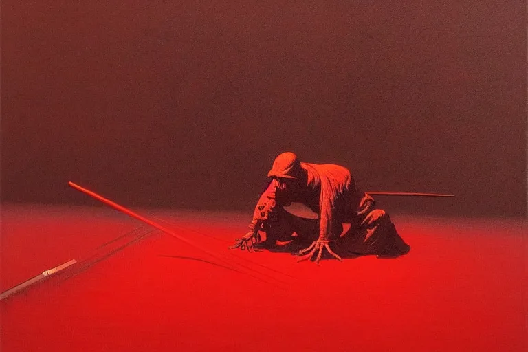 Image similar to only with red, a red samurai harakiri, tokio, a lot of frogs watch, in the style of beksinski, parts by edward hopper, parts by rodcenko, parts by yue minjun, intricate and epic composition, red by caravaggio, insanely quality, highly detailed, masterpiece, red light, artstation, 4 k