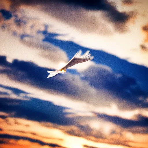 Image similar to Close-up realistic shot of a radiant white dove flying over the clouds at sunset, ethereal, vintage photograph, film grain, surreal, awe-inspiring, highly detailed