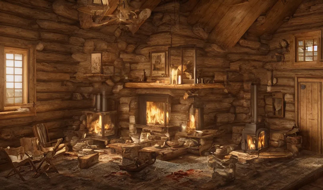 Image similar to cozy interior of a hunting cabin, fireplace, ascher clemens, home, interior, octane render, deviantart, greg rutkowski, cinematic, key art, hyperrealism, canon eos c 3 0 0, ƒ 1. 8, 3 5 mm, 8 k, medium - format print