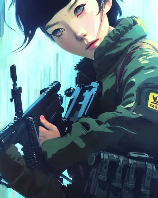 Image similar to girl wearing in tactical gear | | audrey plaza, fine detail!! anime!! realistic shaded lighting!! dramatic!! poster by ilya kuvshinov katsuhiro otomo ghost - in - the - shell, magali villeneuve, artgerm, jeremy lipkin and michael garmash and rob rey