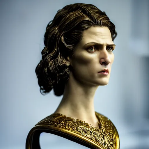Image similar to photo taken of an epic intricate, ultra detailed, super realistic bust of a majestic gracious regal aristocratic brunette female vampire created by weta workshop, menacing, some zoomed in shots, photorealistic, sharp focus, white wall, extremely cold blueish colour temperature, 3 5 mm, f 1. 4, golden ratio