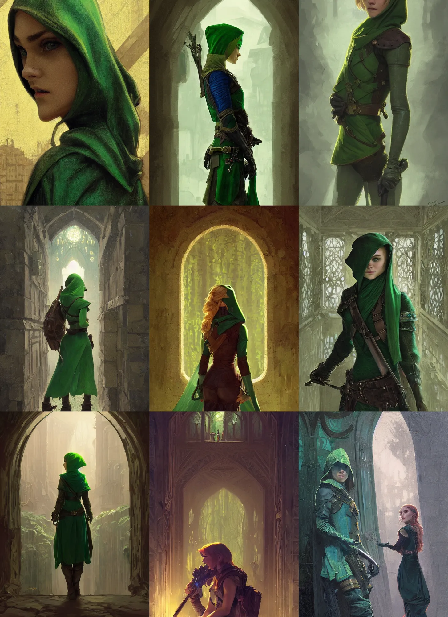 Prompt: Annasophia Robb as Link, green hood, spying, waiting behind a wall, in dark night, intricate, elegant, highly detailed, digital painting, artstation, concept art, sharp focus, illustration, art by greg rutkowski and alphonse mucha and aleksi briclot