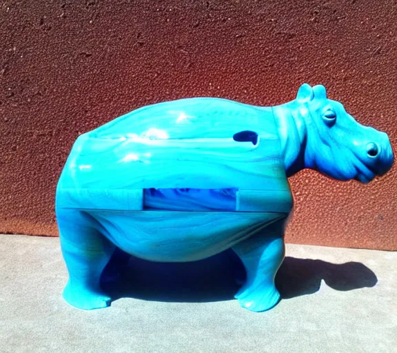 Prompt: a sculpture of hippo baby, bottom half wood!!!!! carved, top half blue translucid resin epoxy, cubic blocks, side view centered, studio