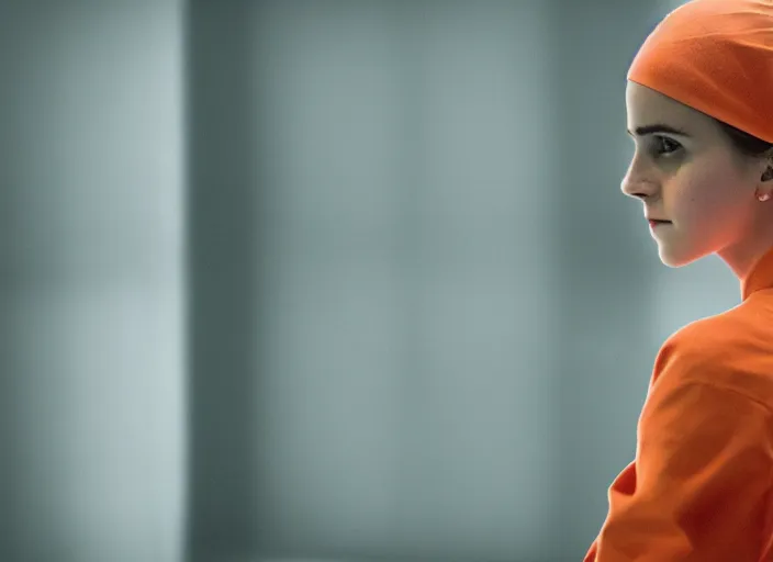 Image similar to photo of emma watson sitting in a jail cell wearing an orange jumpsuit and a red hat, defocused bars in the foreground, detailed face, 8 k, 8 5 mm f 1. 8