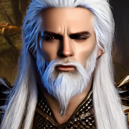 Image similar to a fantasy character with white hair. he looks like a snake.