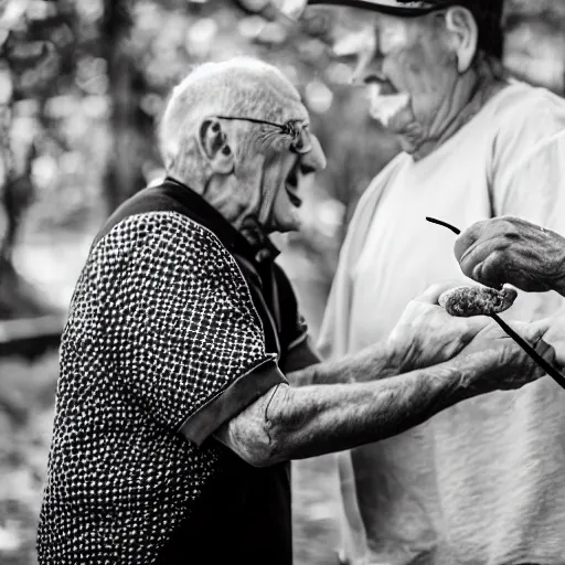 Image similar to Two elderly men fighting over a sausage, Canon EOS R3, f/1.4, ISO 200, 1/160s, 8K, RAW, unedited, symmetrical balance, in-frame