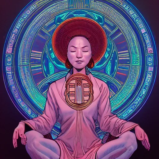 Image similar to female oracle in meditation, detailed, ambient lighting, in the style of james jean art