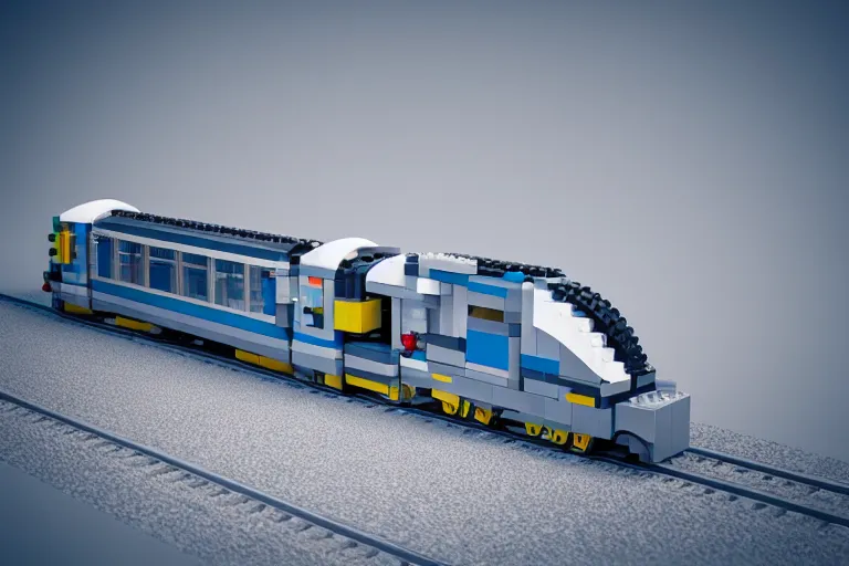 Image similar to futuristic train made out of Lego, octane render, white, grey and blue, studio light, 35mm,