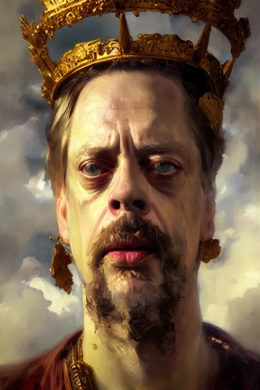 Image similar to beautiful detailed expressive impressionistic oil painting portrait of ancient roman god emperor steve buscemi ascending into the clouds wearing the civic crown, renaissance painting, art by anders zorn, wonderful masterpiece by greg rutkowski, expressive brush strokes, beautiful cinematic light, american romanticism by greg manchess, jessica rossier