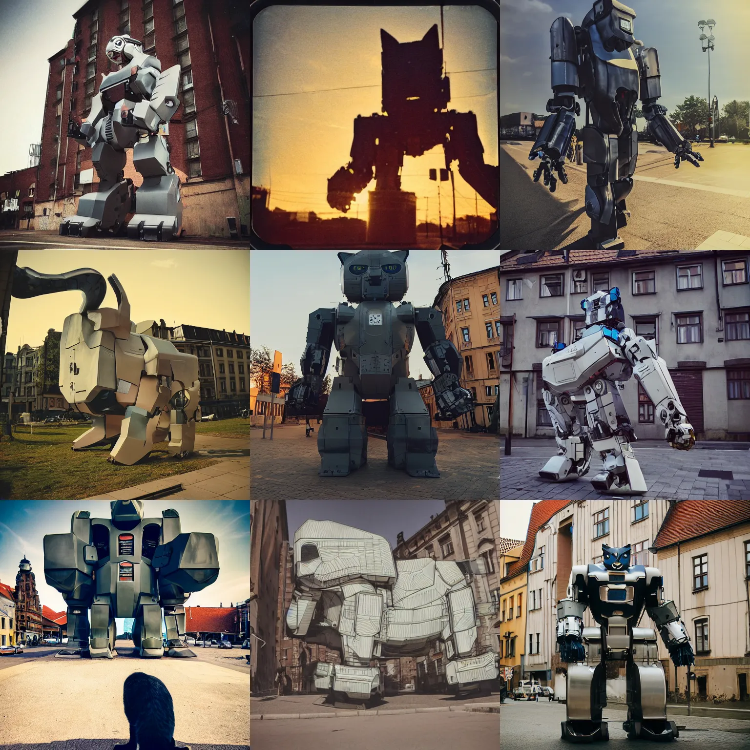 Prompt: giant oversized cat as cyborg mecha cat, in legnica, full body shot, cinematic focus, polaroid photo, vintage, neutral dull colors, soft lights, sunset,, film still close up by by victor enrich, by gregory crewdson