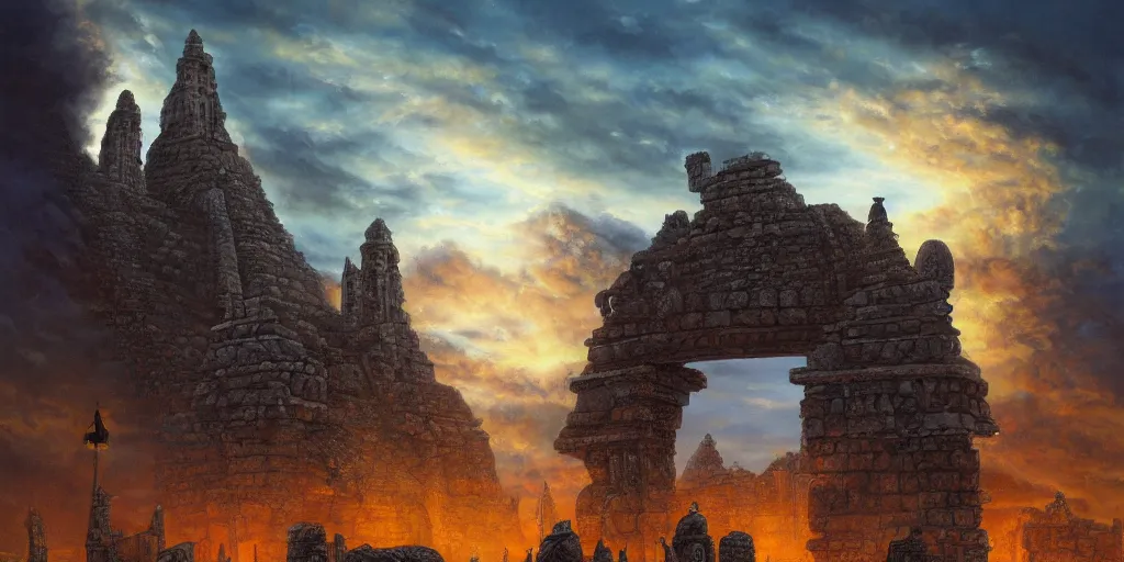 Image similar to fantasy oil painting, megalithic city of vijayanagara, fantasy, colossal, gate, looming, small buildings, warm lighting, street view, silhouetted figure standing overlooking, space port city, epic, distant mountains, bright clouds, luminous sky, cinematic lighting, michael cheval, michael whelan, artstation, oil painting, vray, 8 k hd