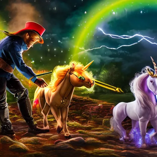 Image similar to leprechaun fighting a robotic unicorn, detailed, photorealistic, 8 k, wide shot,